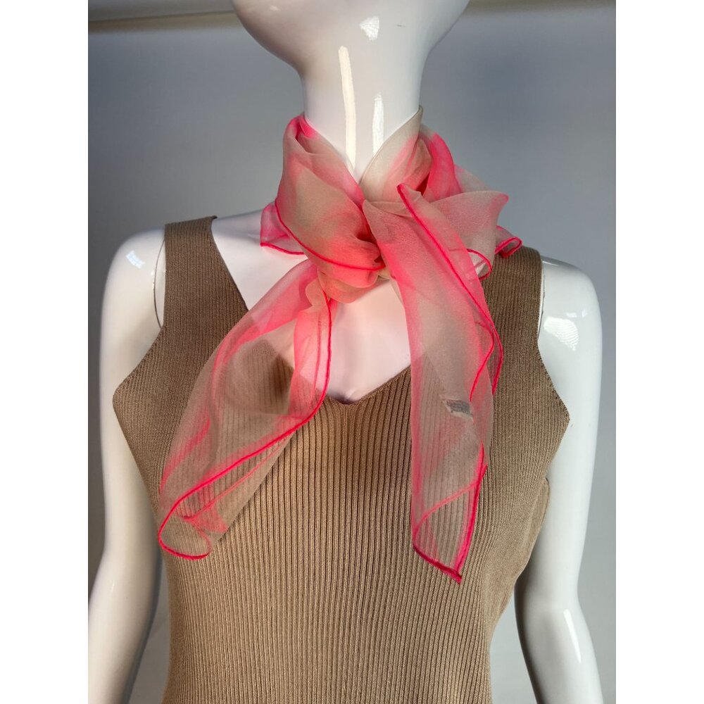 Vintage Peti-Crepe 100% Nylon Scarf Pink & White Sheer Square Made In Japan Retr